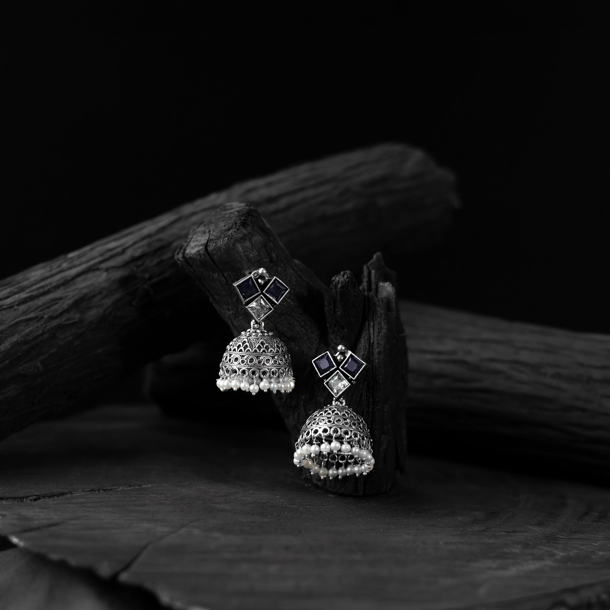 Saanjh Bela Blue Square Oxidised Jhumka Earrings