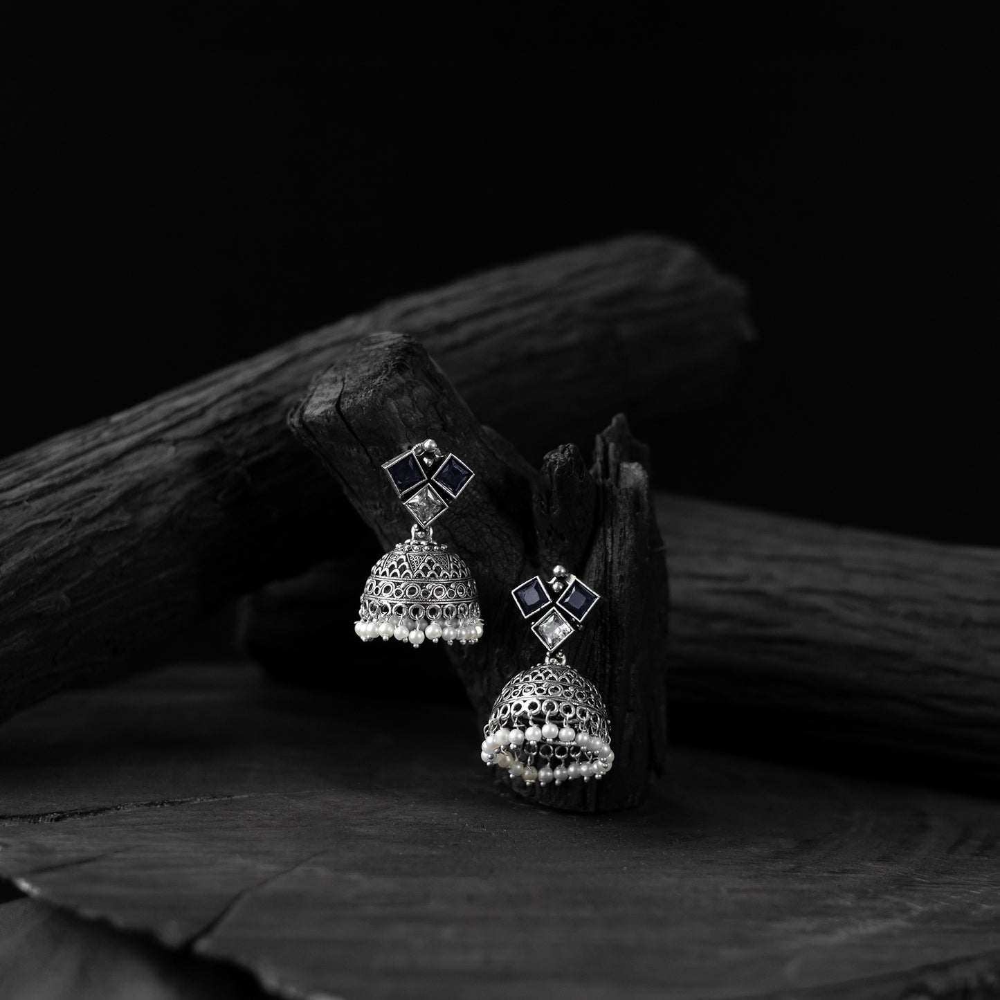 Saanjh Bela Blue Square Oxidised Jhumka Earrings