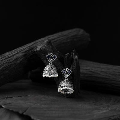 Saanjh Bela Blue Square Oxidised Jhumka Earrings