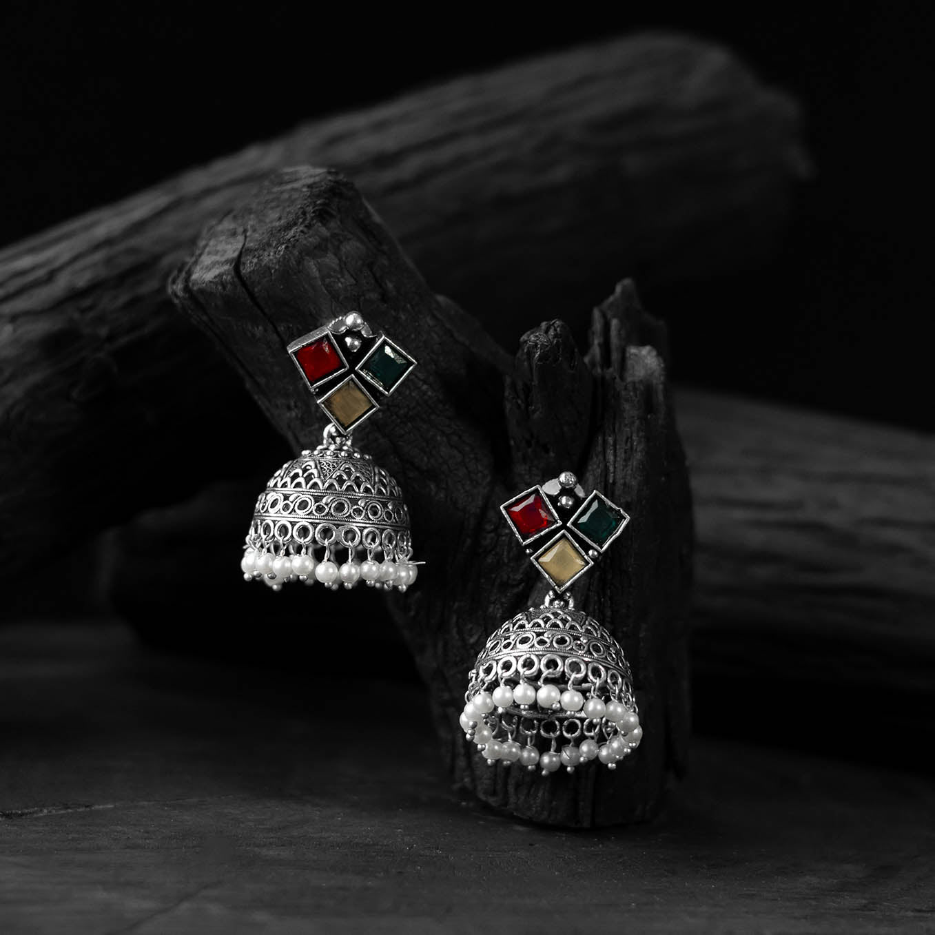 Saanjh Bela Multicolor Square Oxidised Jhumka Earrings