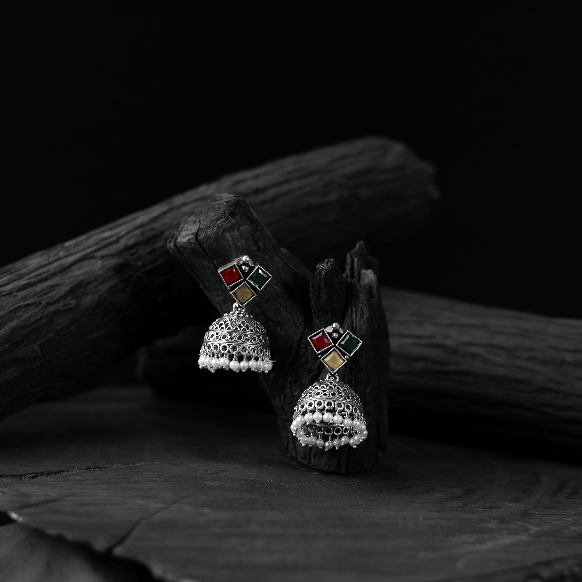 Saanjh Bela Multicolor Square Oxidised Jhumka Earrings