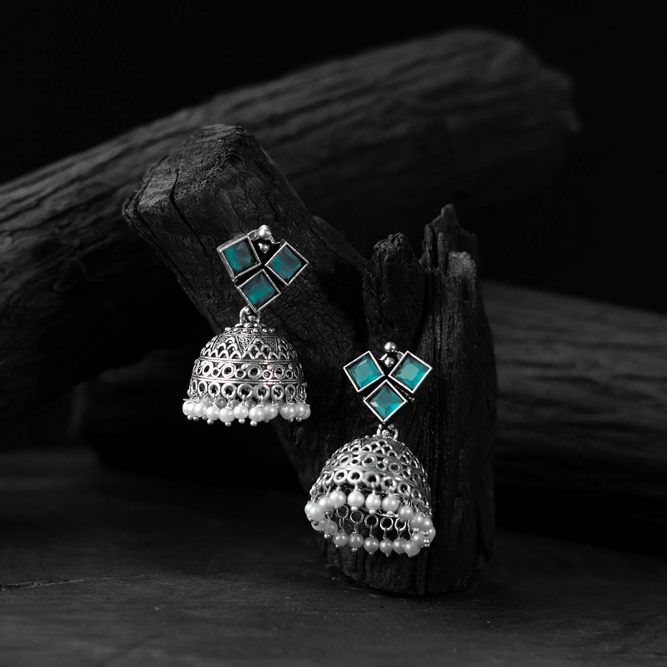 Saanjh Bela Sky Blue Square Oxidised Jhumka Earrings