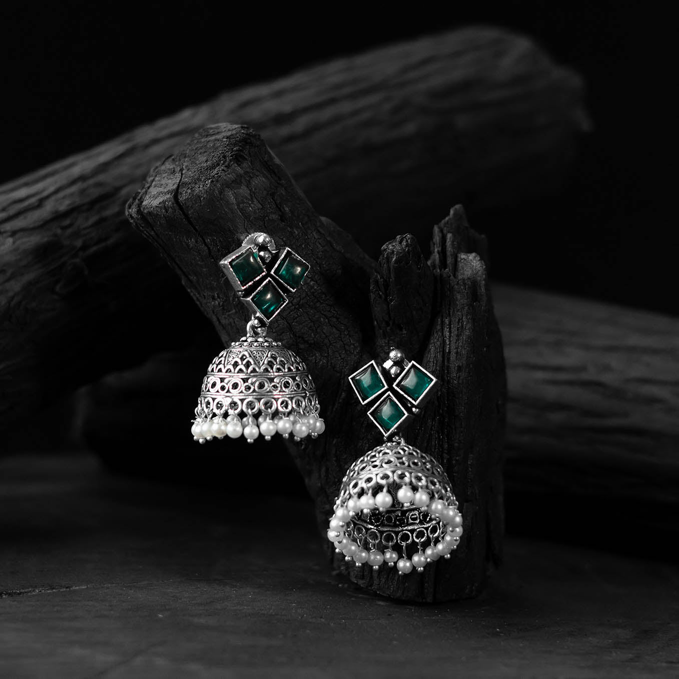 Saanjh Bela Green Square Oxidised Jhumka Earrings