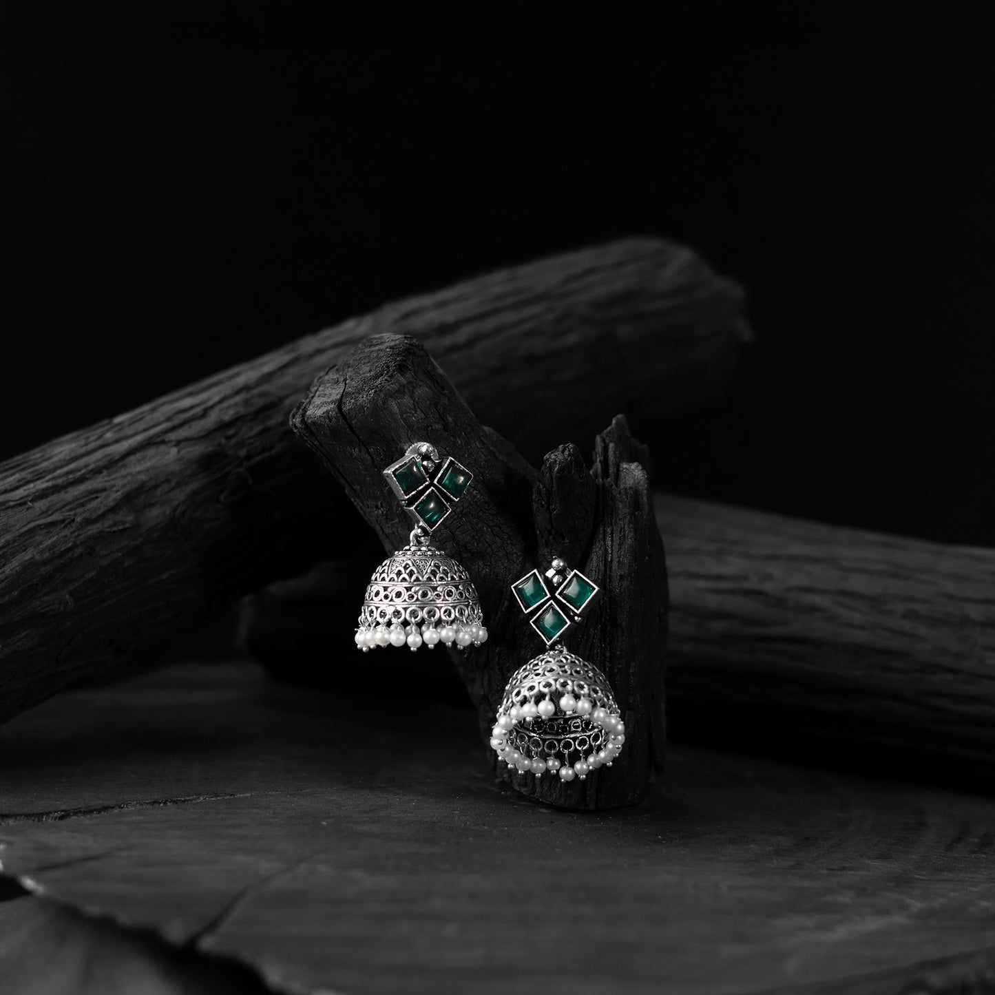 Saanjh Bela Green Square Oxidised Jhumka Earrings