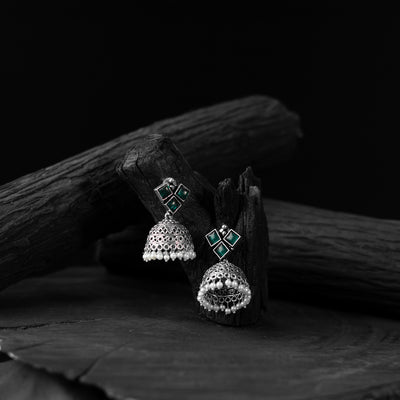 Saanjh Bela Green Square Oxidised Jhumka Earrings