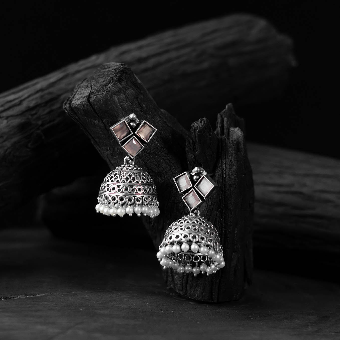Saanjh Bela Pink Square Oxidised Jhumka Earrings