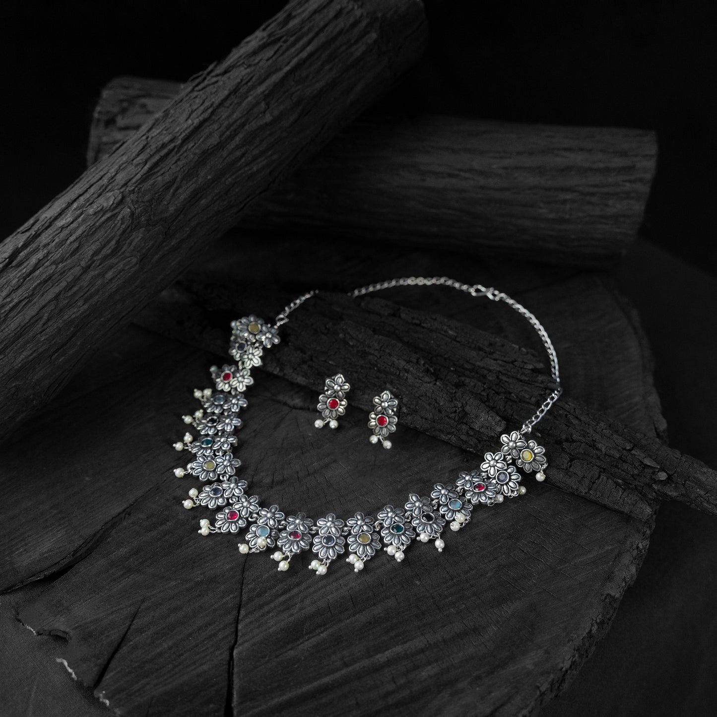 Saanjh Bela Multicolor Flower Oxidised Necklace Set
