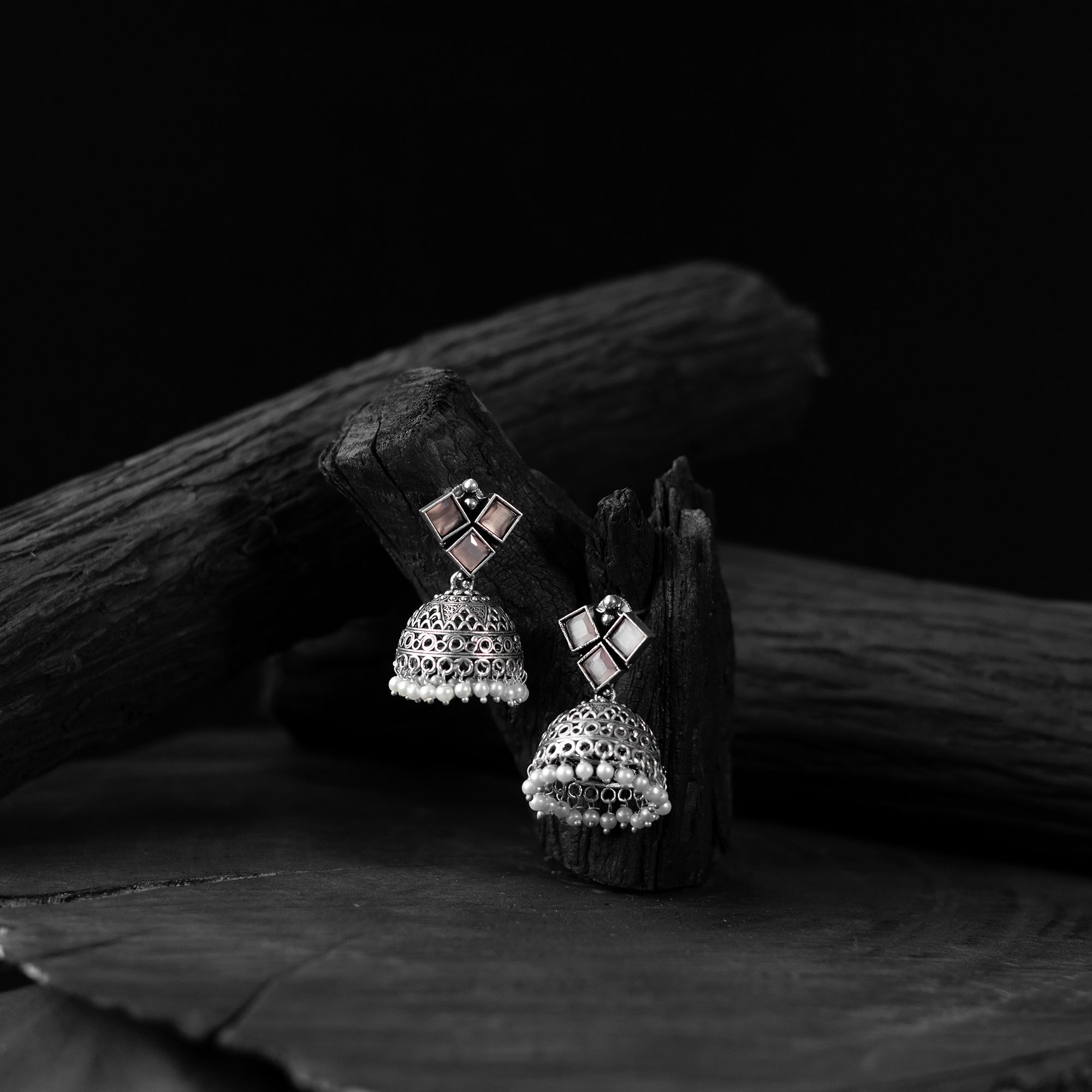 Saanjh Bela Pink Square Oxidised Jhumka Earrings