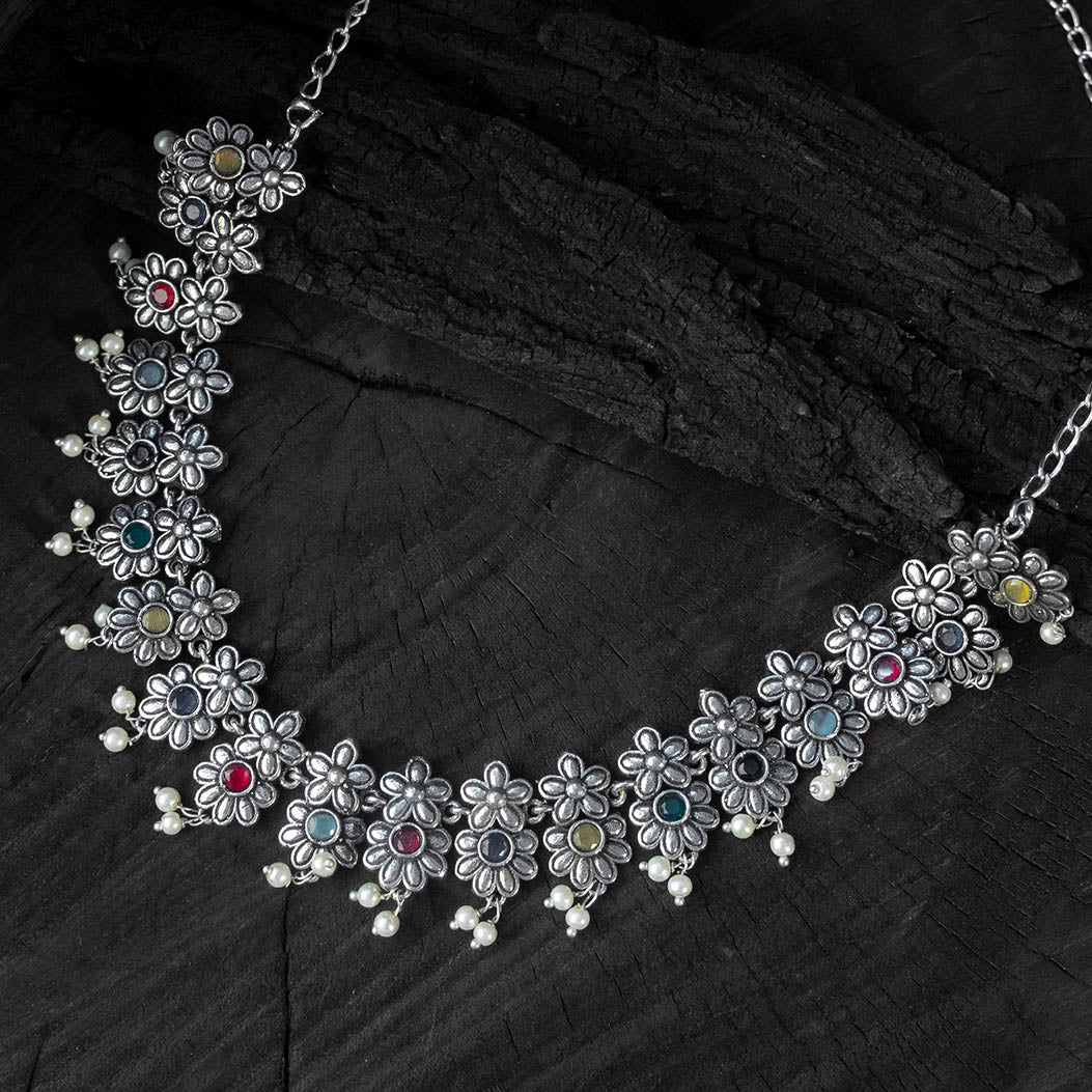 Saanjh Bela Multicolor Flower Oxidised Necklace Set