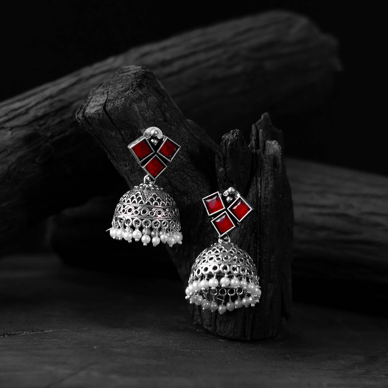 Saanjh Bela Red Square Oxidised Jhumka Earrings