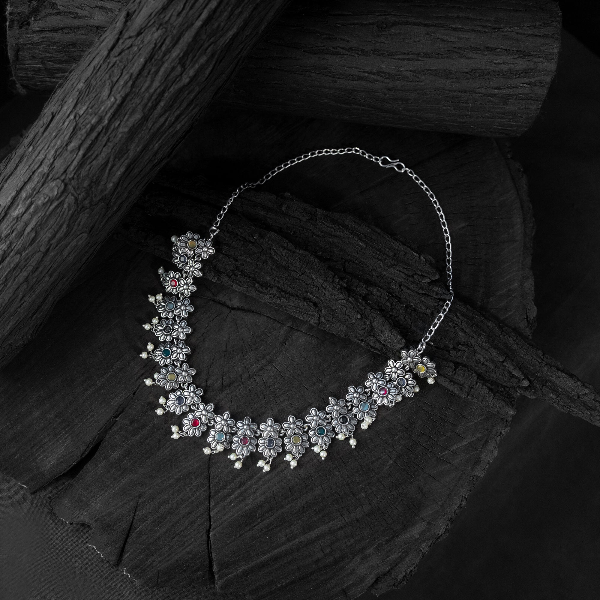 Saanjh Bela Multicolor Flower Oxidised Necklace Set