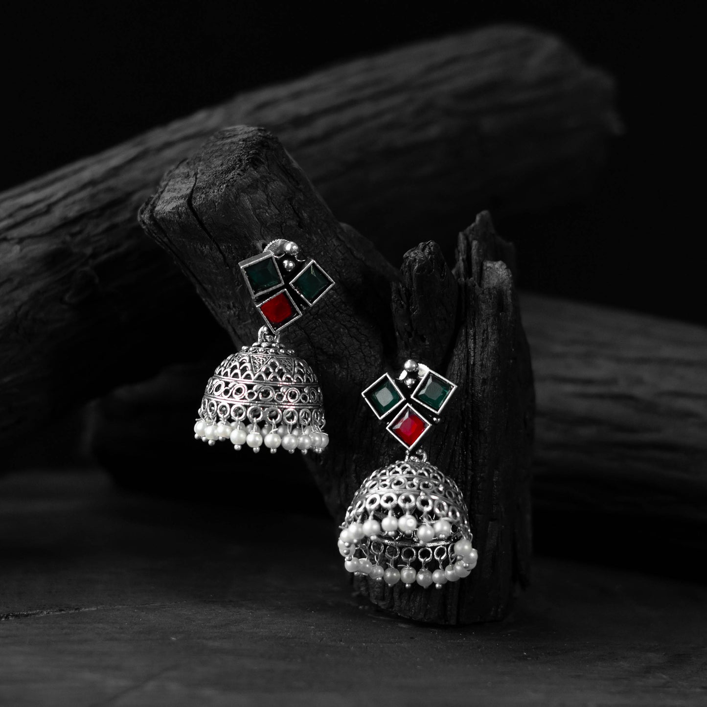 Saanjh Bela Red & Green Square Oxidised Jhumka Earrings