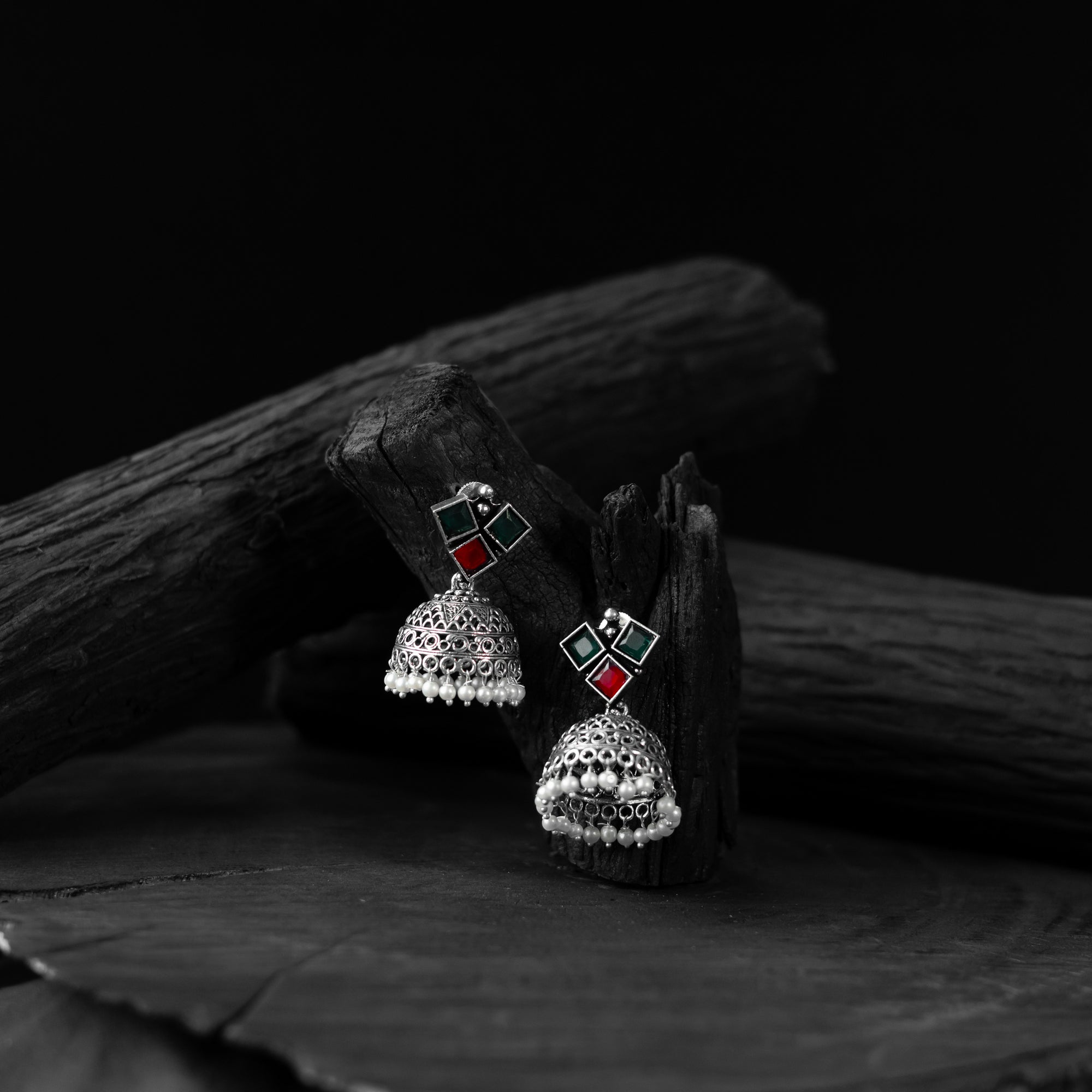 Saanjh Bela Red & Green Square Oxidised Jhumka Earrings
