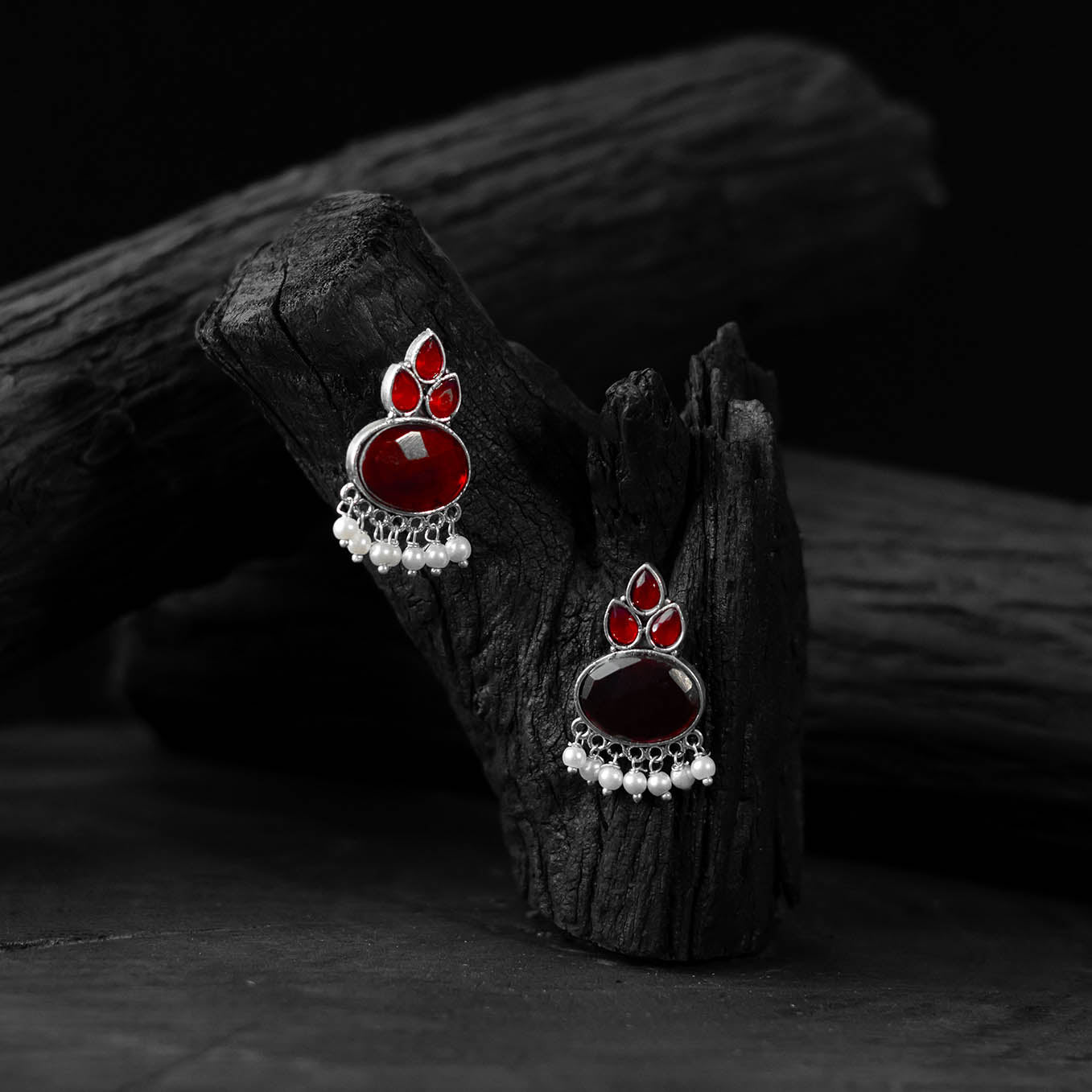 Saanjh Bela Red Leaf Motif Oxidised Earrings