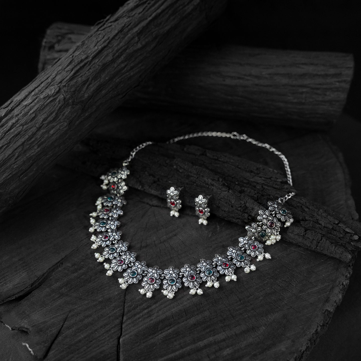 Multicolor Flower Saanjh Bela Oxidised Necklace Set