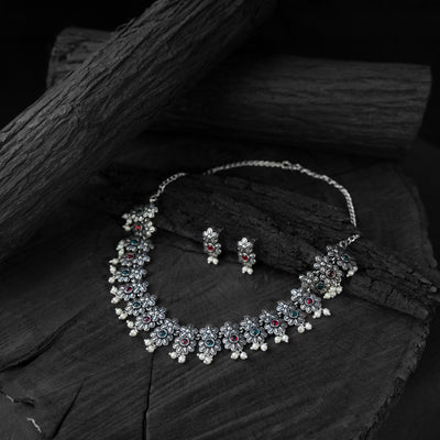 Multicolor Flower Saanjh Bela Oxidised Necklace Set