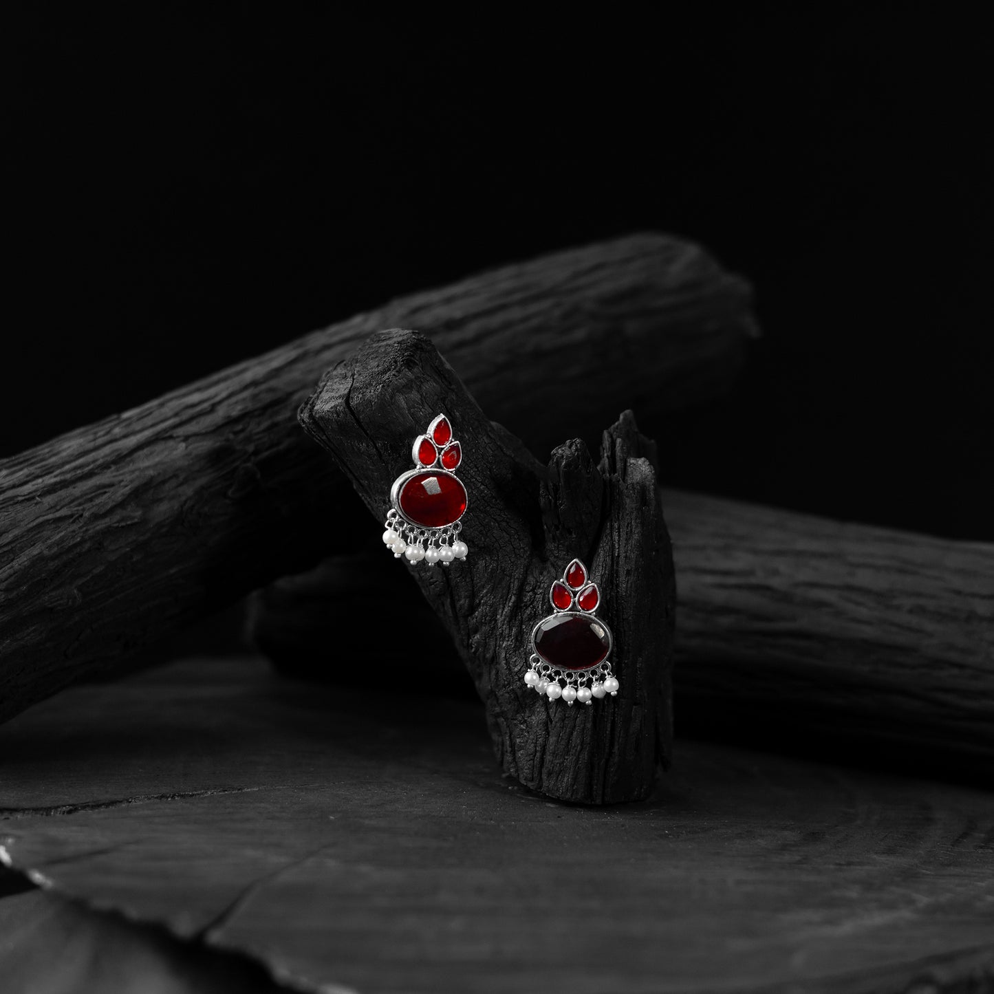 Saanjh Bela Red Leaf Motif Oxidised Earrings