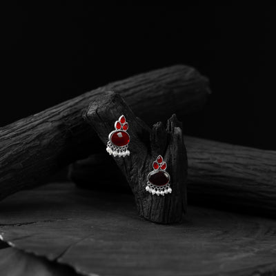 Saanjh Bela Red Leaf Motif Oxidised Earrings
