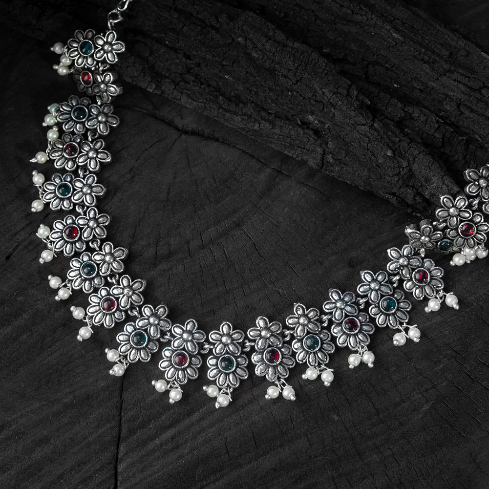 Multicolor Flower Saanjh Bela Oxidised Necklace Set