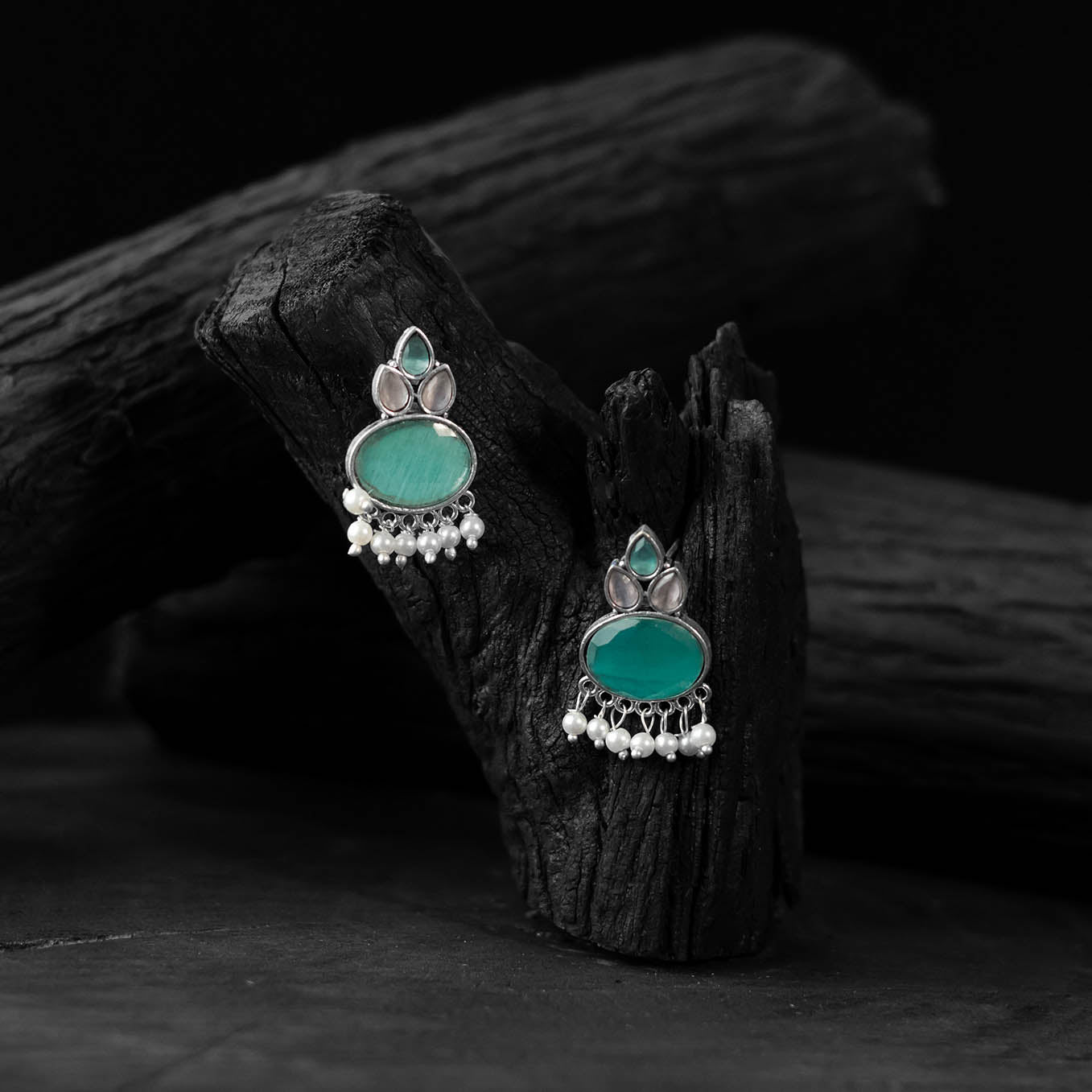 Saanjh Bela Mint Green Leaf Motif Oxidised Earrings