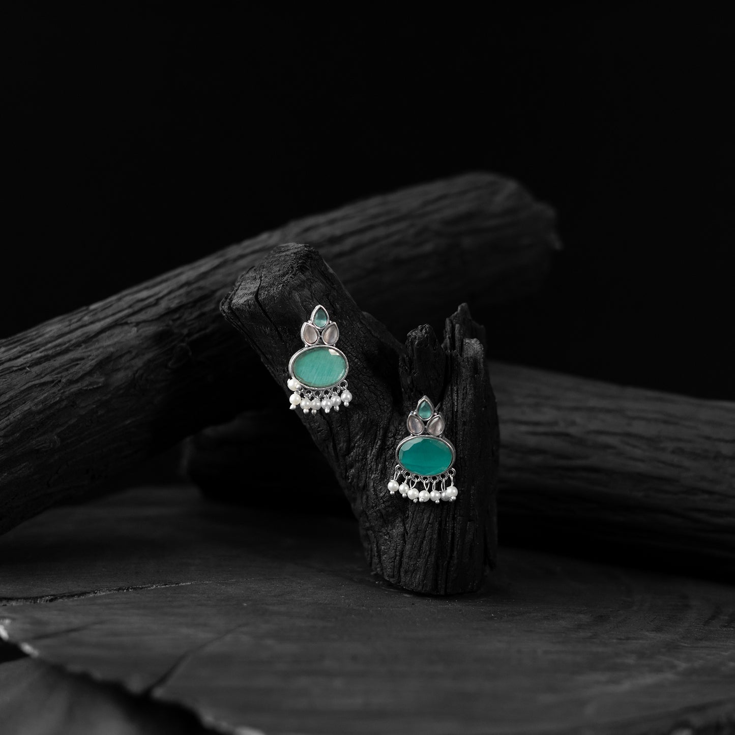Saanjh Bela Mint Green Leaf Motif Oxidised Earrings