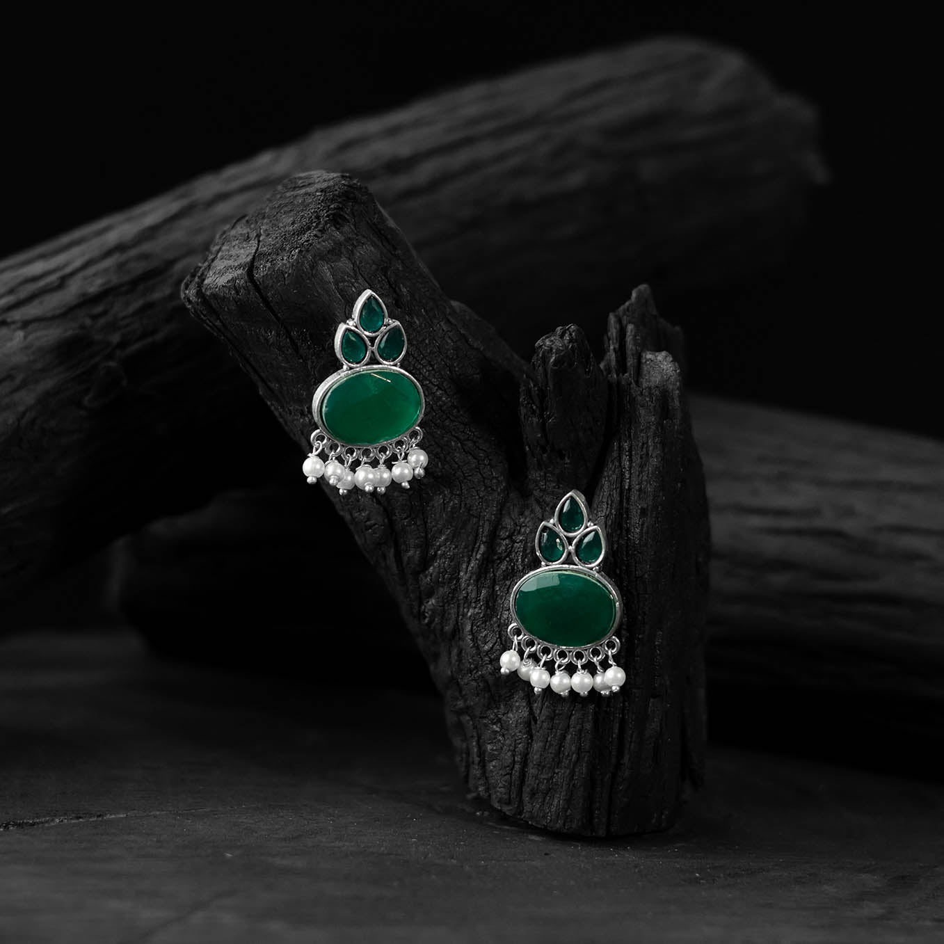 Saanjh Bela Green Leaf Motif Oxidised Earrings