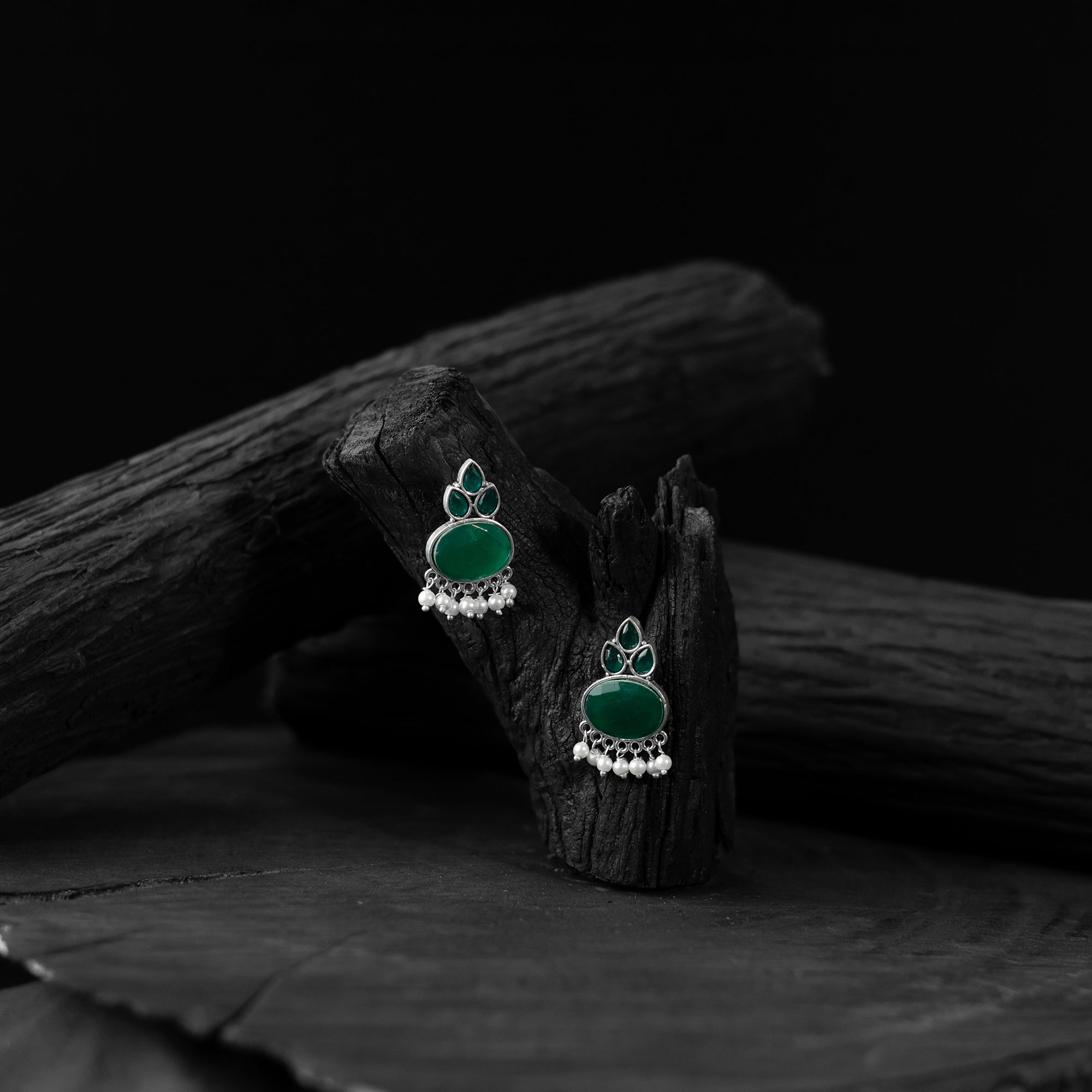 Saanjh Bela Green Leaf Motif Oxidised Earrings