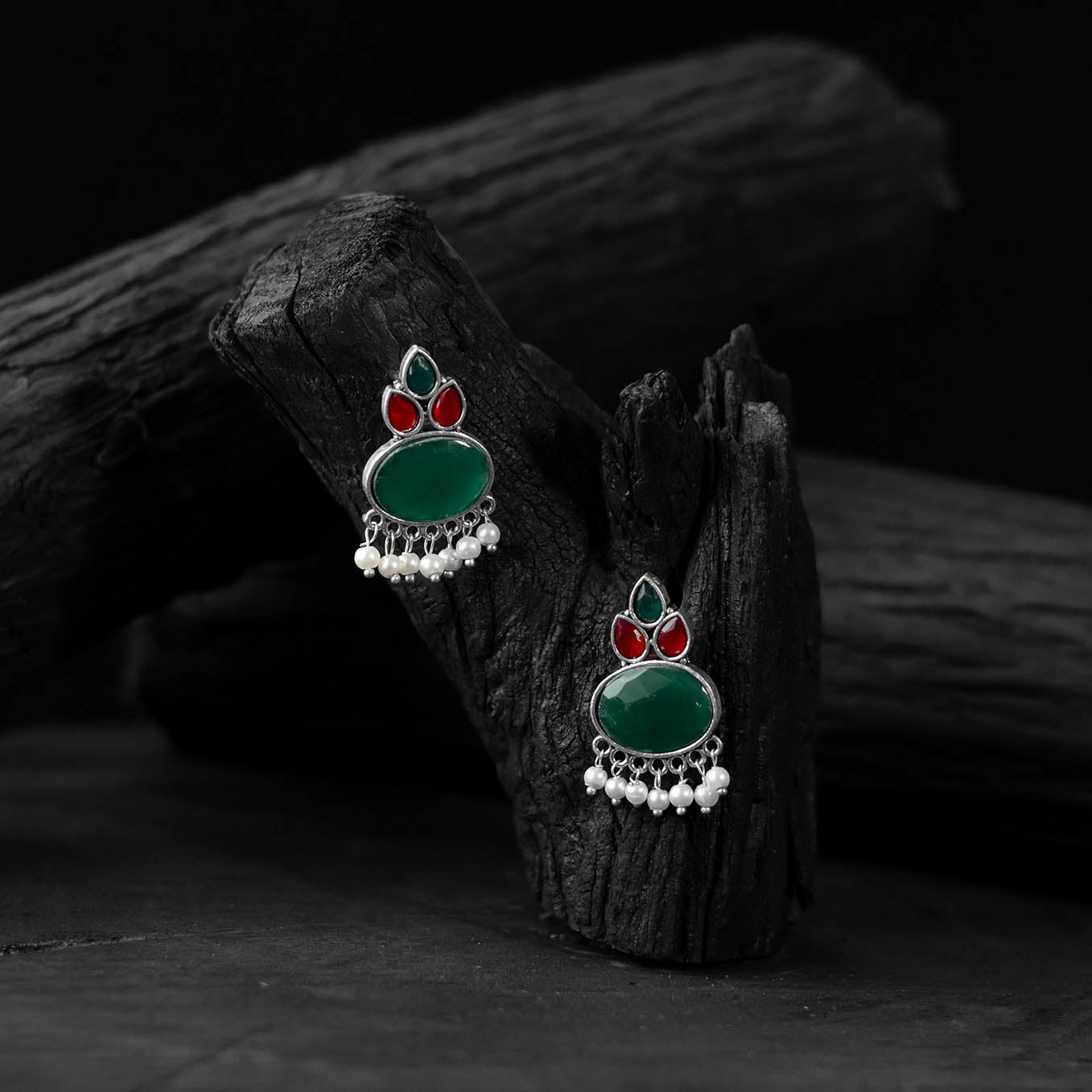 Saanjh Bela Red & Green Leaf Motif Oxidised Earrings