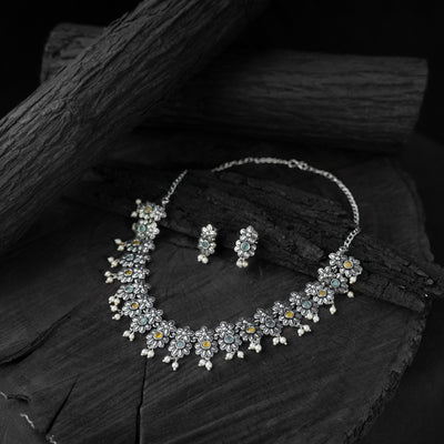 Saanjh Bela Green & Yellow Flower Oxidised Necklace Set