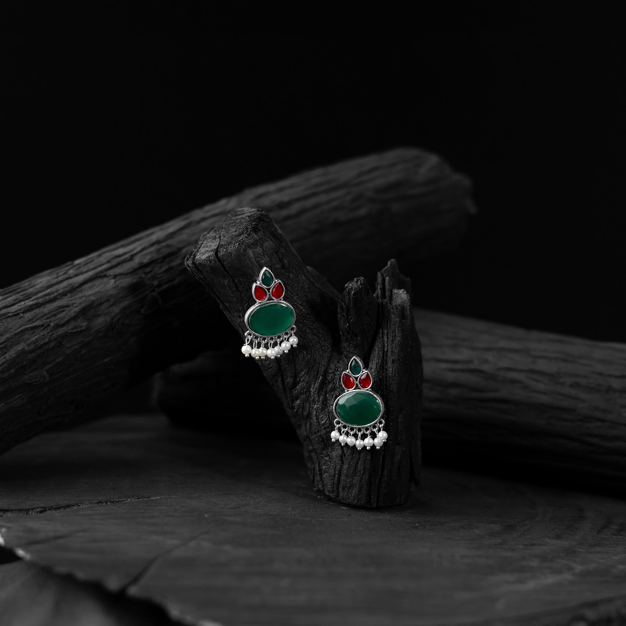 Saanjh Bela Red & Green Leaf Motif Oxidised Earrings