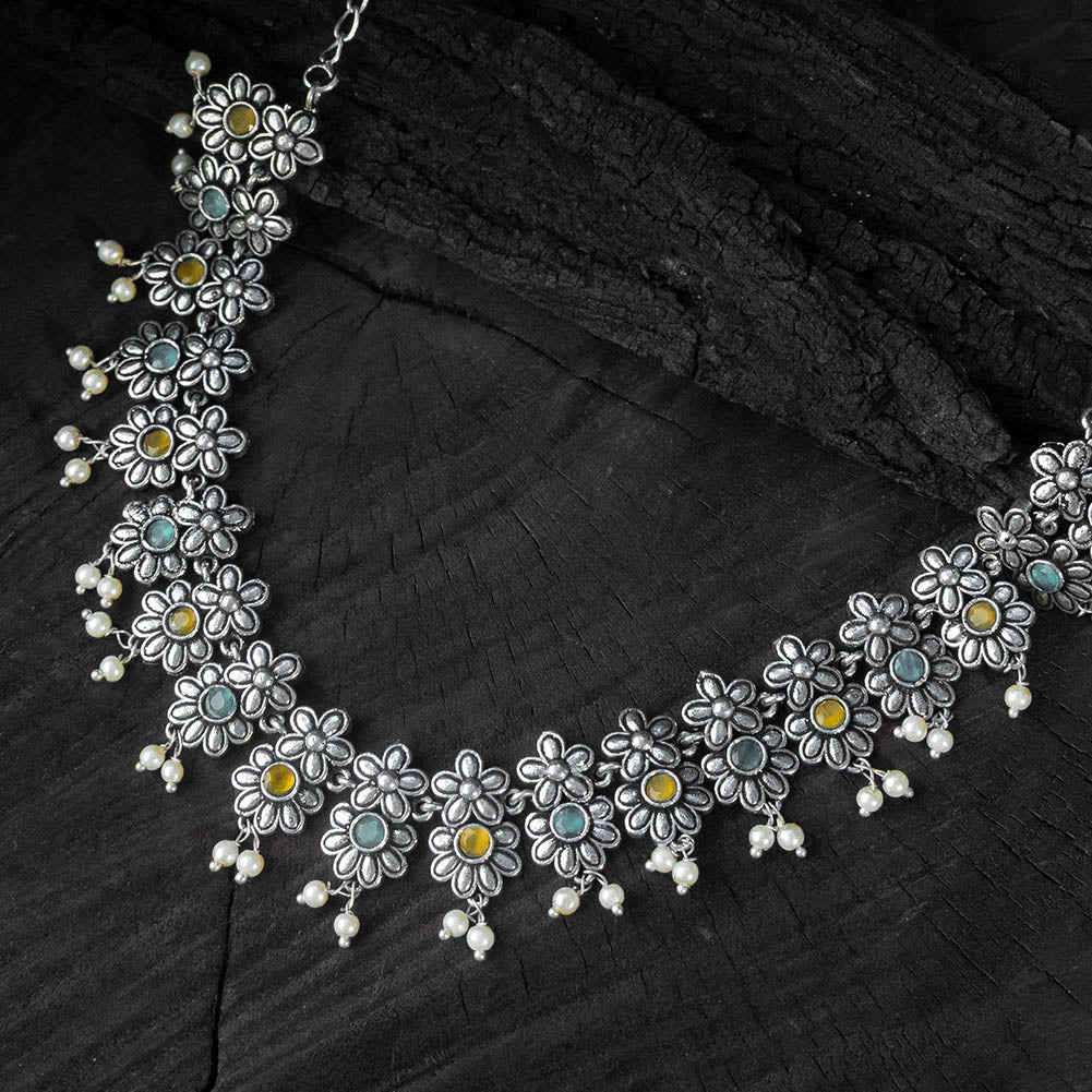 Saanjh Bela Green & Yellow Flower Oxidised Necklace Set