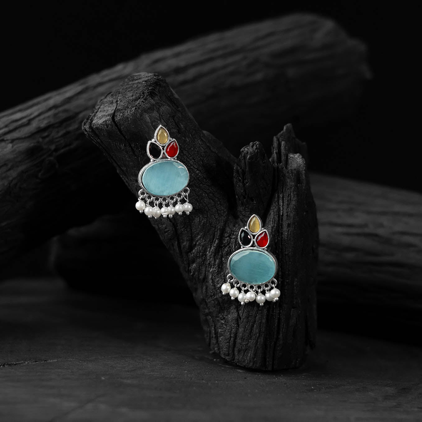 Saanjh Bela Leaf Motif Multicolor Oxidised Earrings
