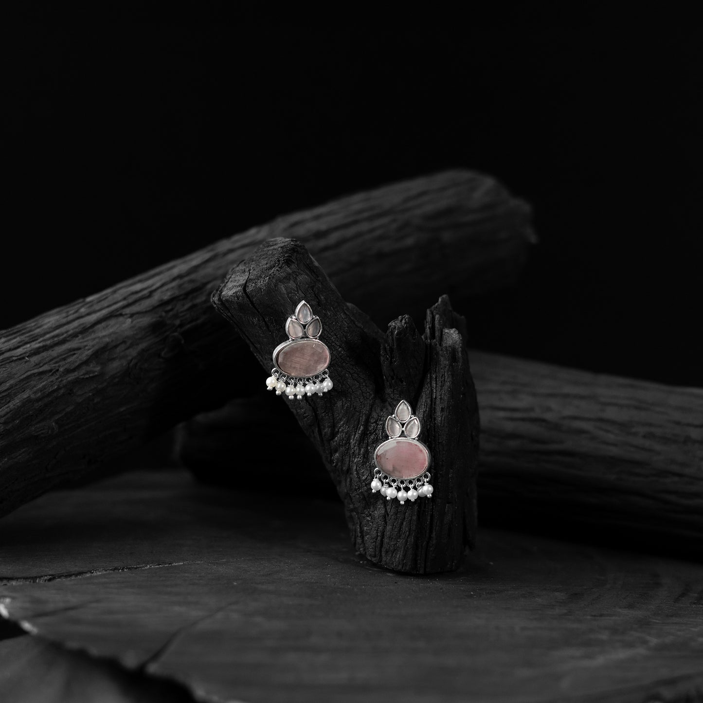 Saanjh Bela Pink Leaf Motif Oxidised Earrings