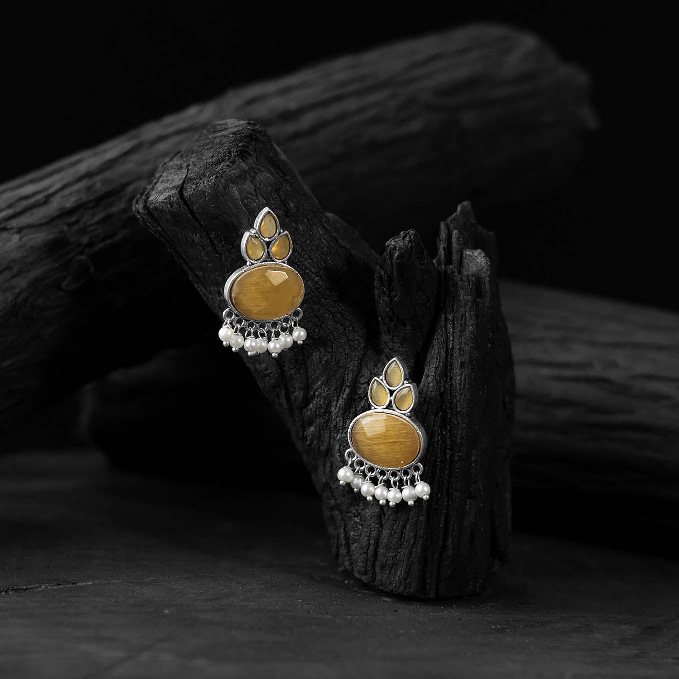 Saanjh Bela Yellow Leaf Motif Oxidised Earrings