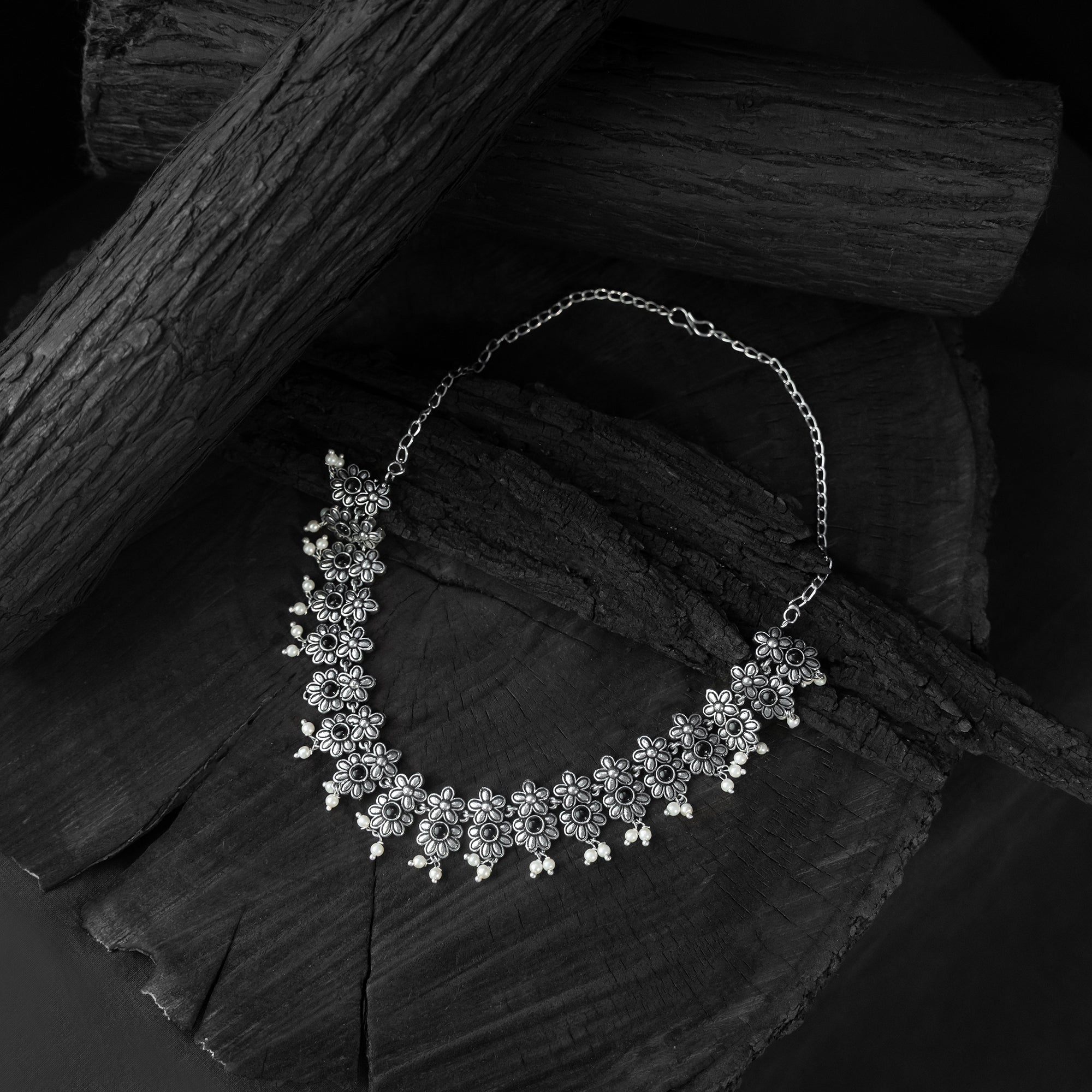 Saanjh Bela Black Flower Oxidised Necklace Set