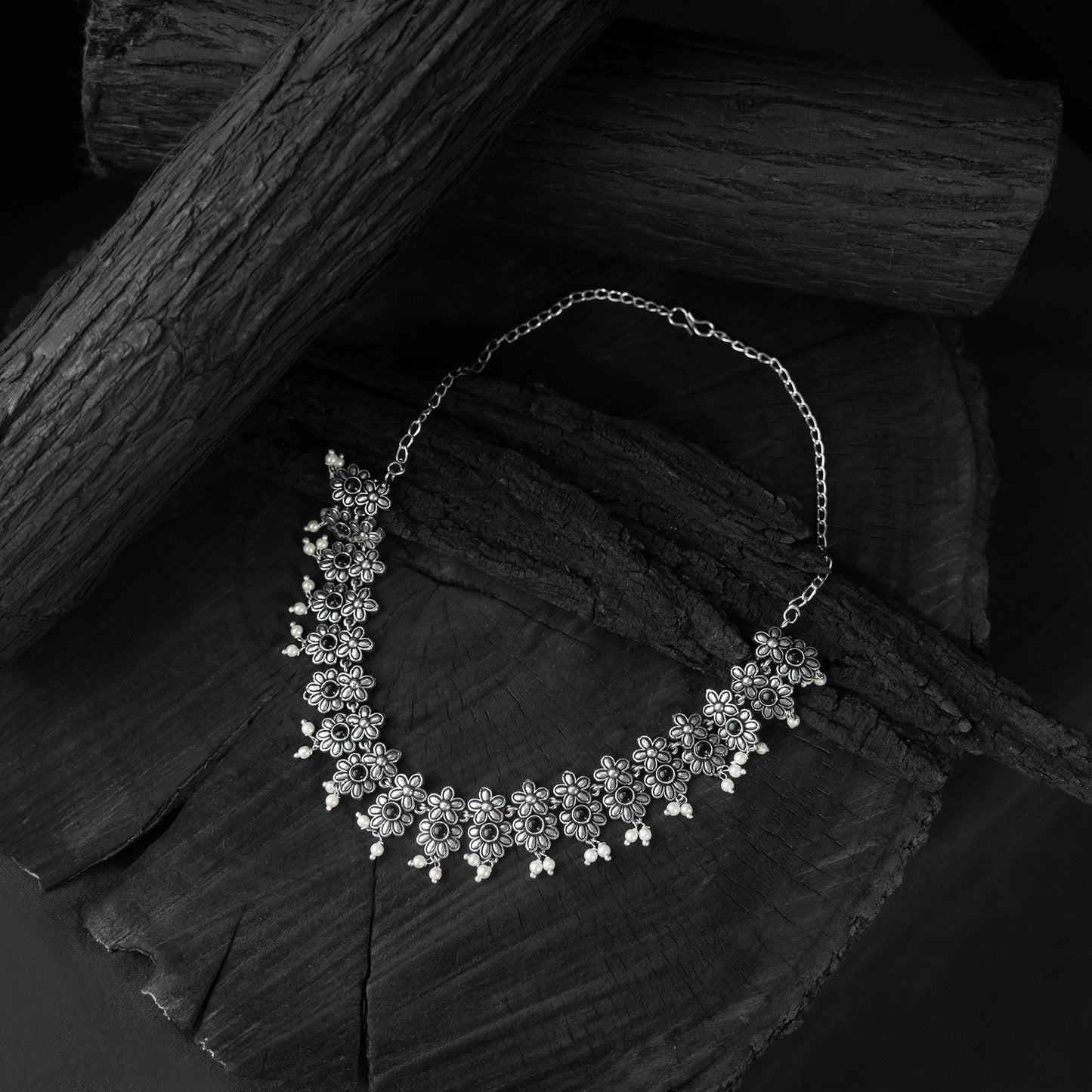 Saanjh Bela Black Flower Oxidised Necklace Set