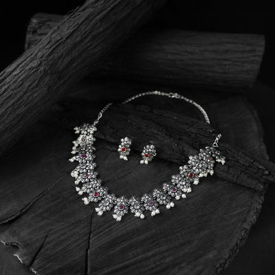 Saanjh Bela Red Flower Oxidised Necklace Set