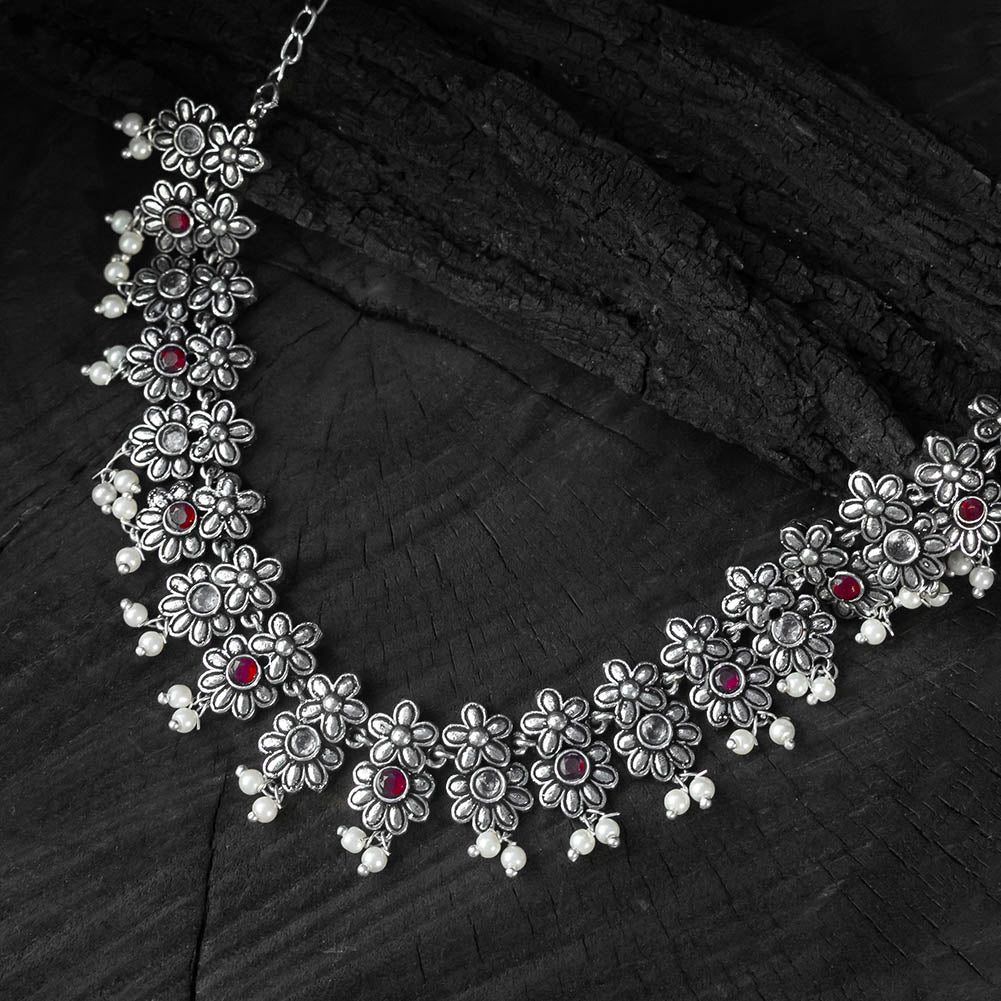 Saanjh Bela Red Flower Oxidised Necklace Set