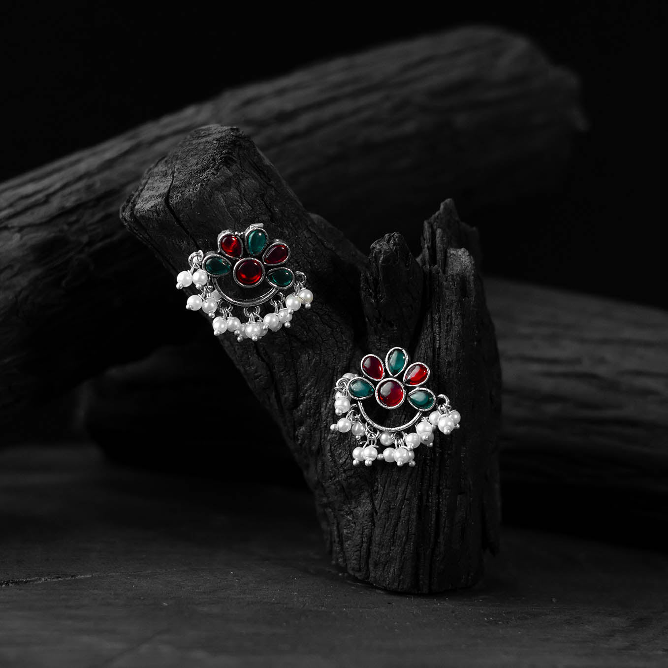 Saanjh Bela Green & Red Bloom Oxidised Earrings