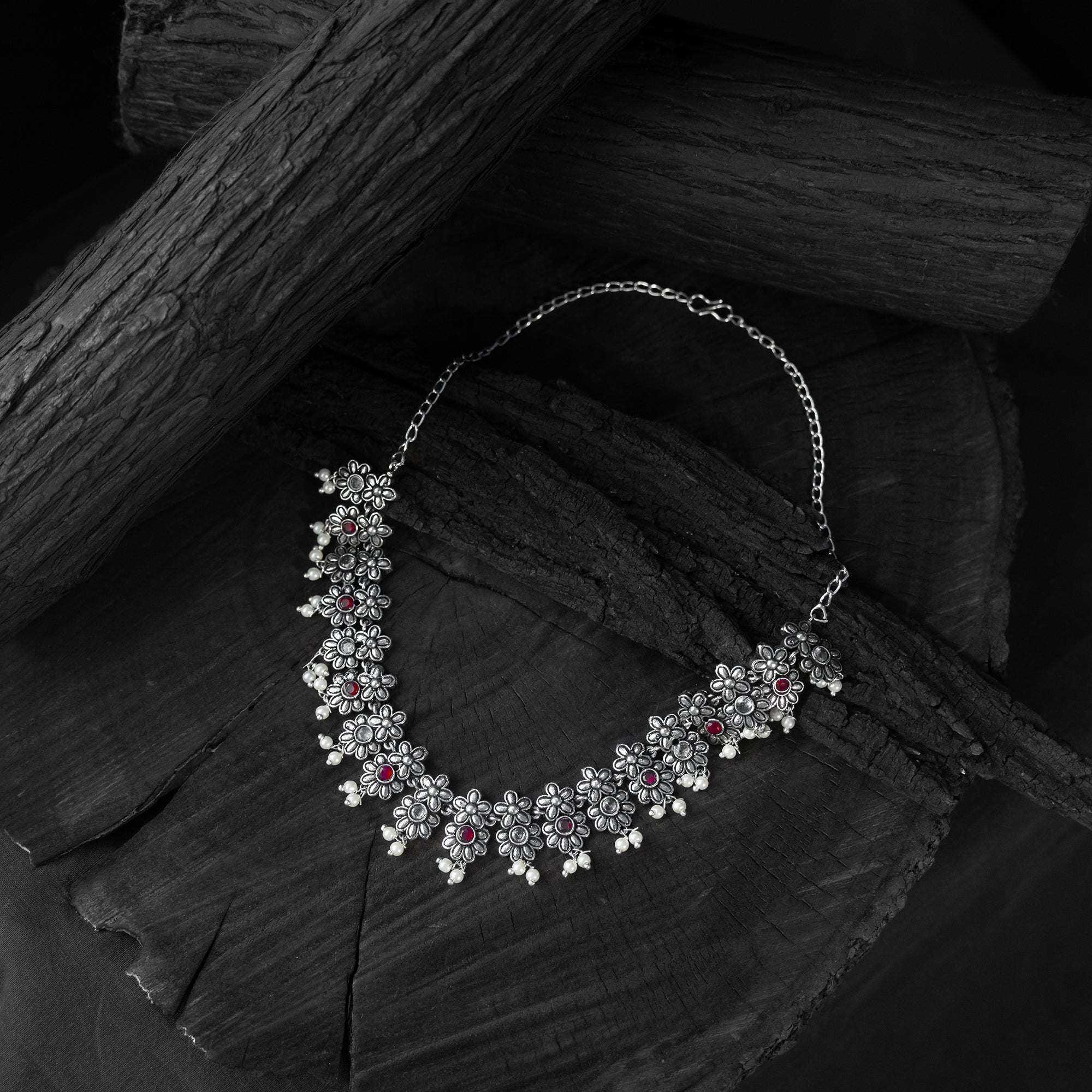 Saanjh Bela Red Flower Oxidised Necklace Set