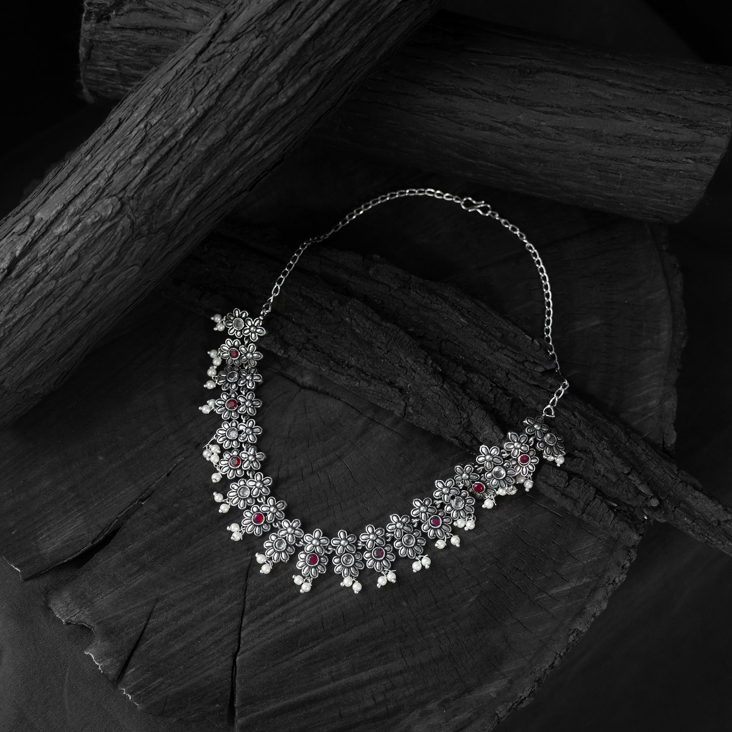 Saanjh Bela Red Flower Oxidised Necklace Set