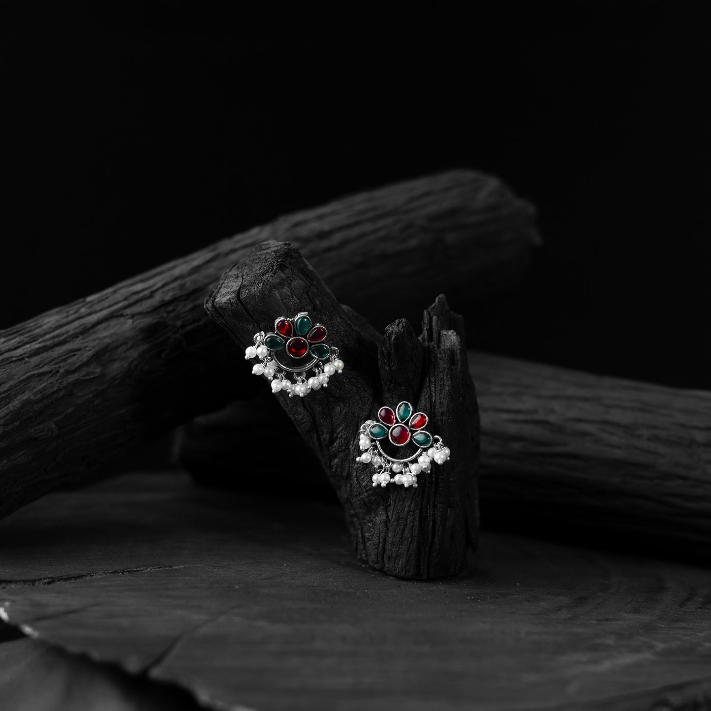 Saanjh Bela Green & Red Bloom Oxidised Earrings