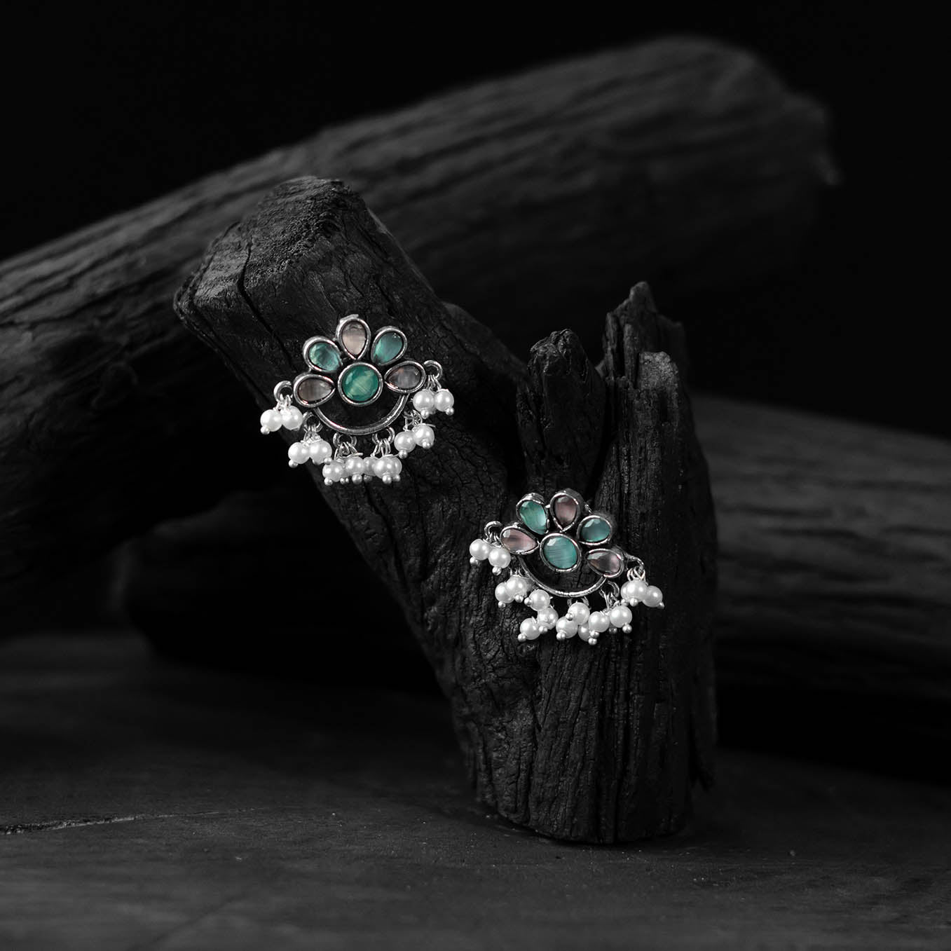 Saanjh Bela Pink & Green Bloom Oxidised Earrings