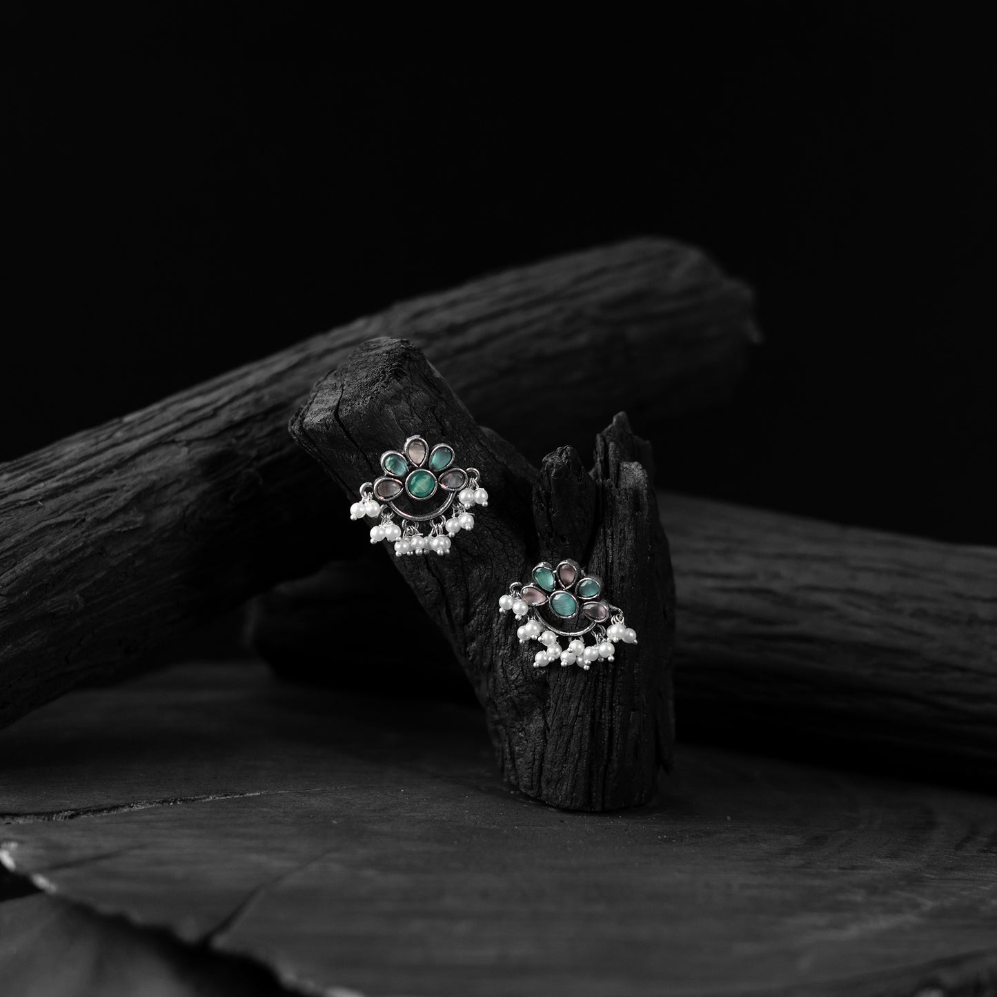 Saanjh Bela Pink & Green Bloom Oxidised Earrings