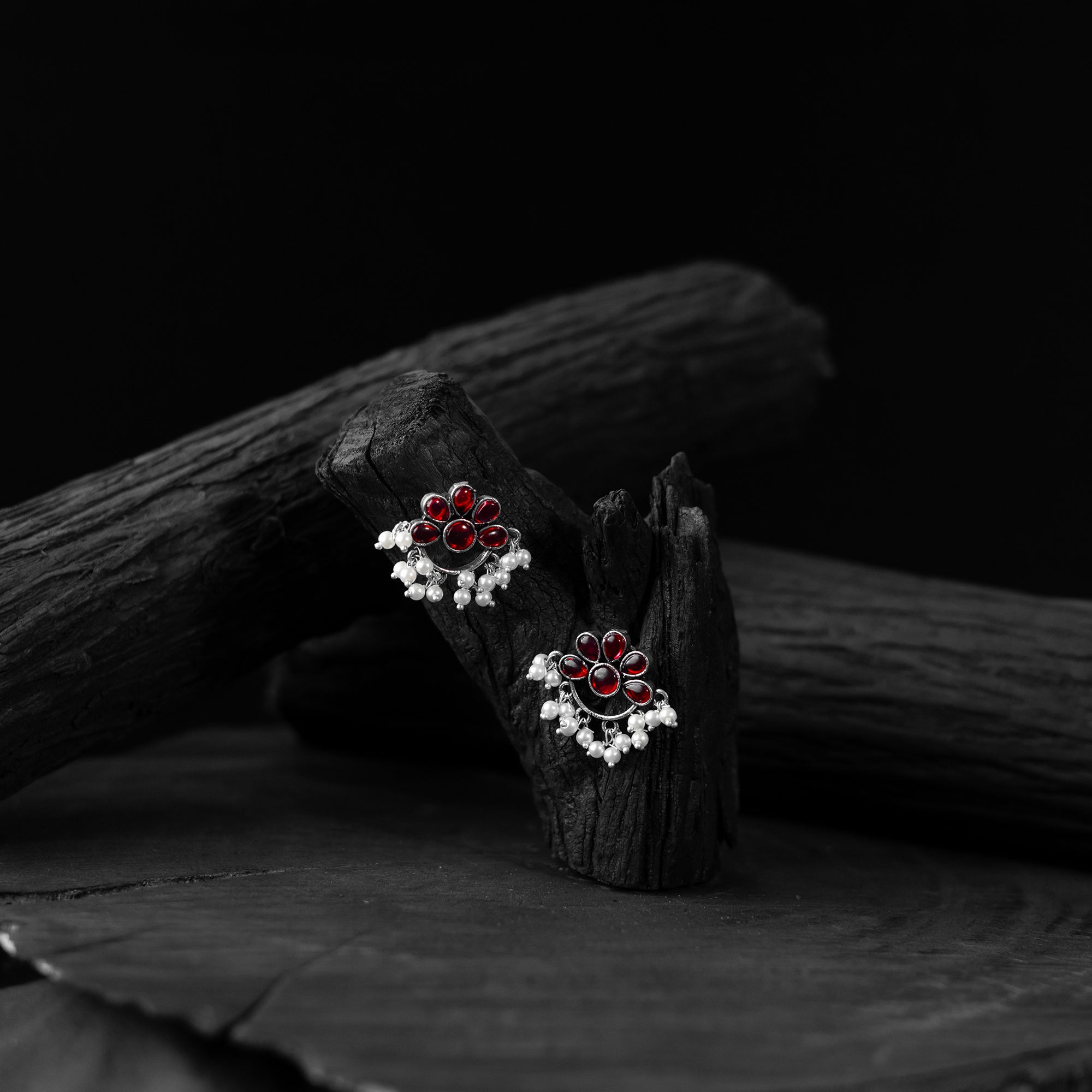 Saanjh Bela Red Bloom Oxidised Earrings
