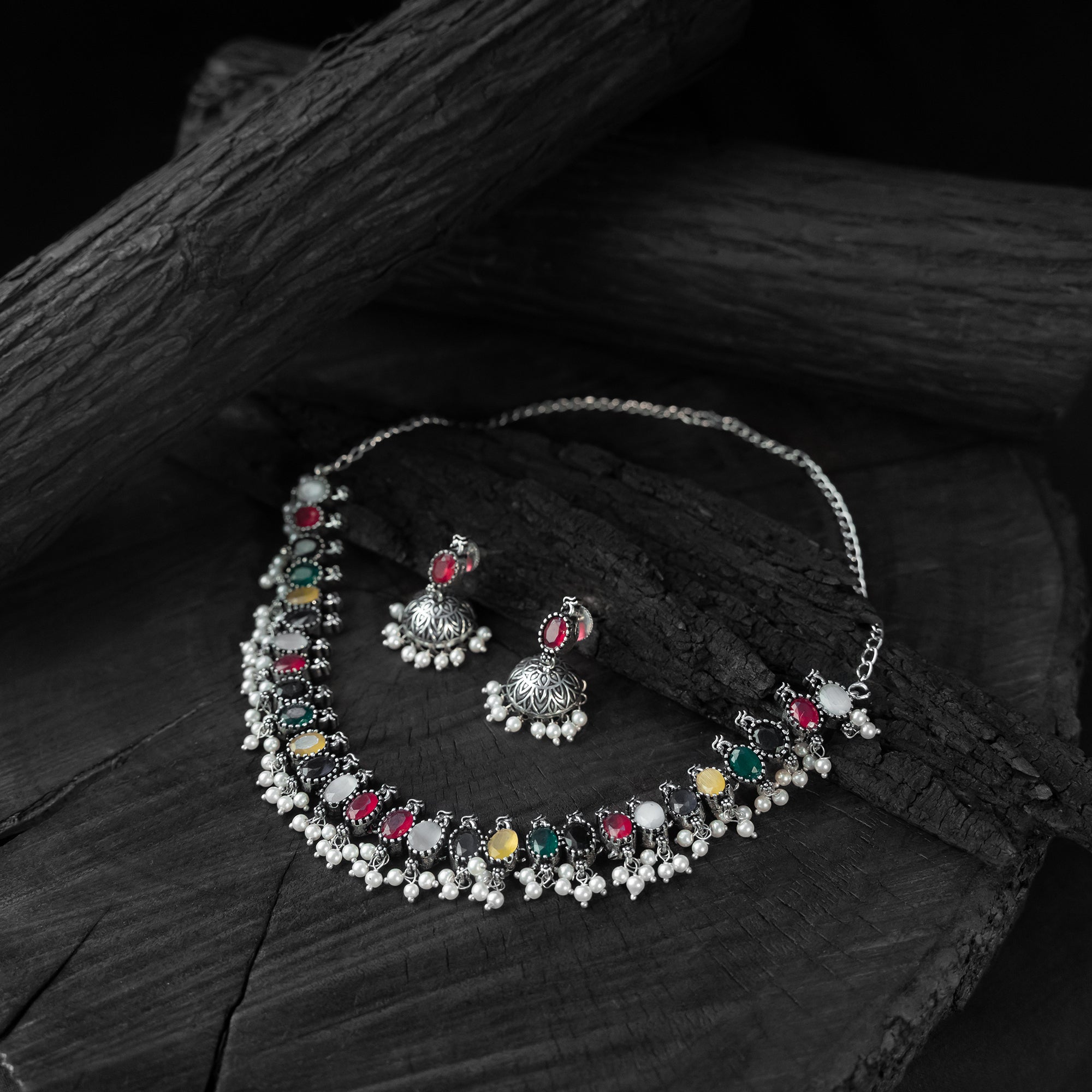 Saanjh Bela Multicolor Oval Oxidised Necklace Set
