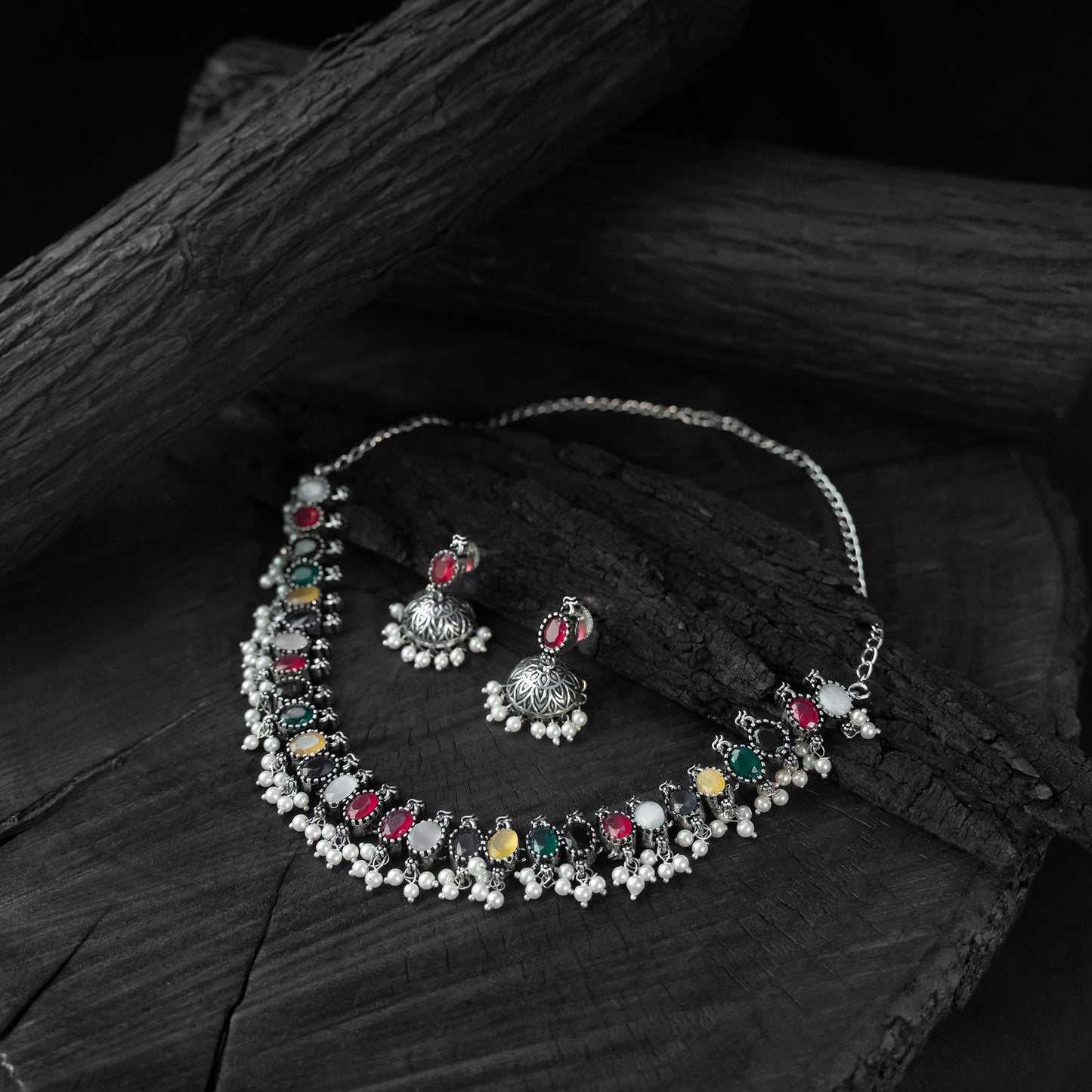 Saanjh Bela Multicolor Oval Oxidised Necklace Set