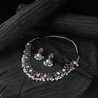 Saanjh Bela Multicolor Oval Oxidised Necklace Set