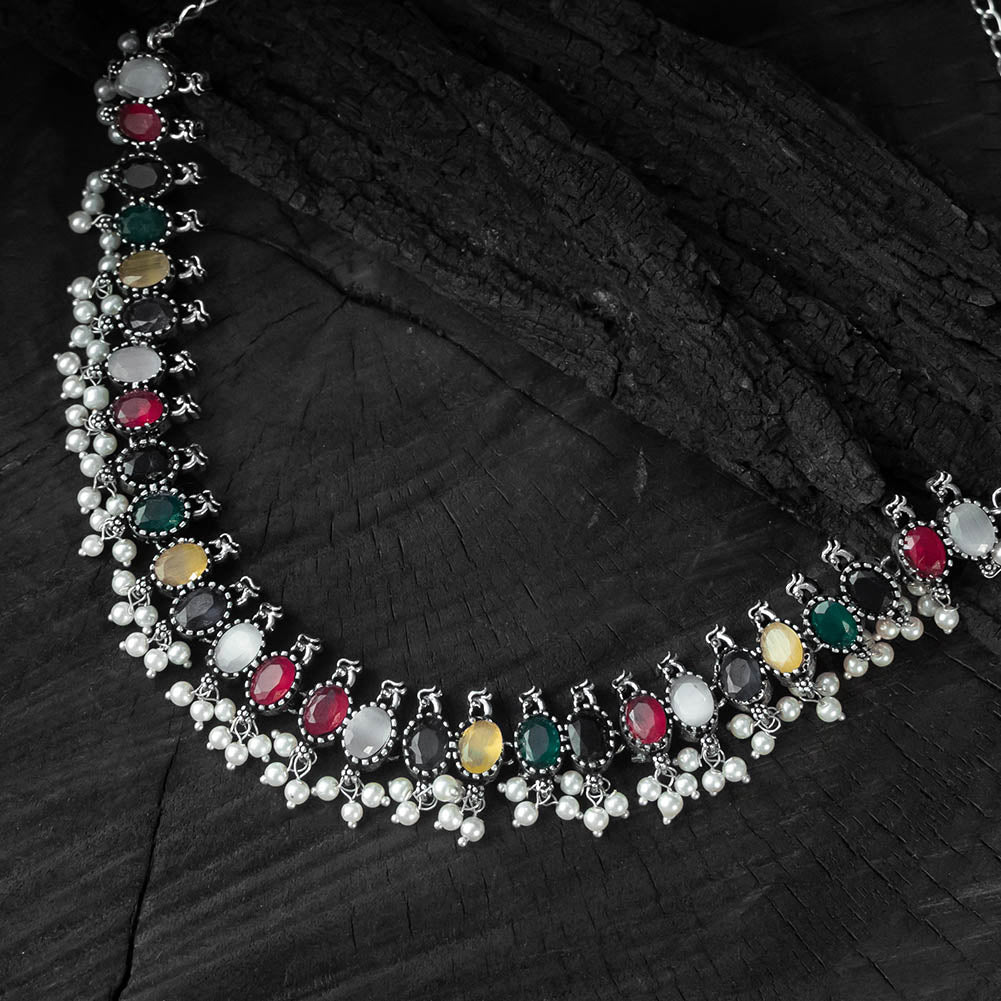 Saanjh Bela Multicolor Oval Oxidised Necklace Set
