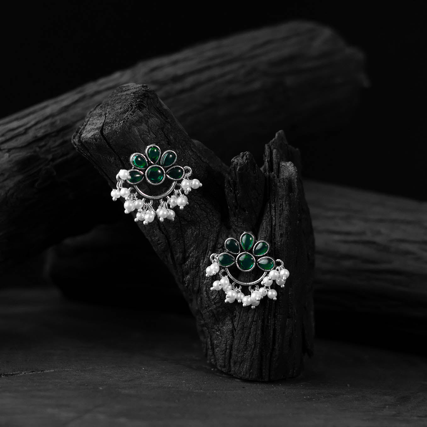 Saanjh Bela Green Bloom Oxidised Earrings